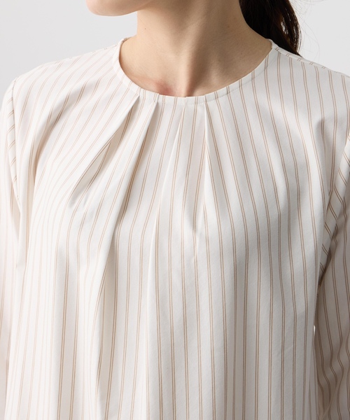 tシャツ 「ブラウス見えするカットソー」ストライプタックプルオーバー「大きいサイズあり」 レディースの画像