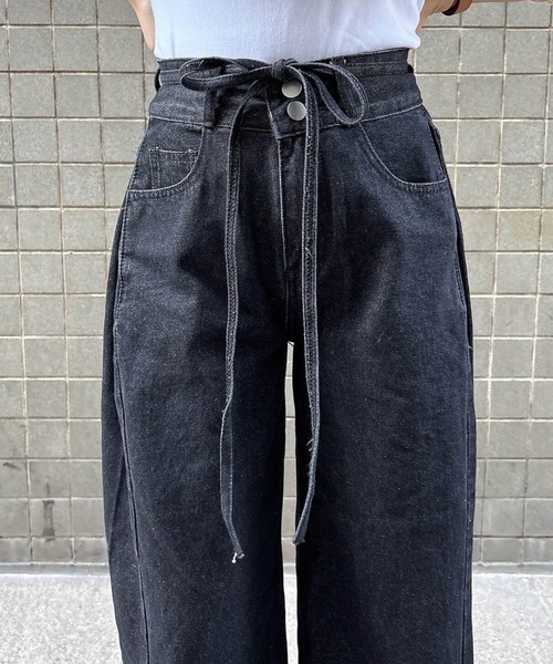 【美品】 LIMI feu デニムワイドパンツ ウエストリボン S インディゴ I-SOOK（アイスー） ワイドパンツ ジーンズ デニム デニムパンツ