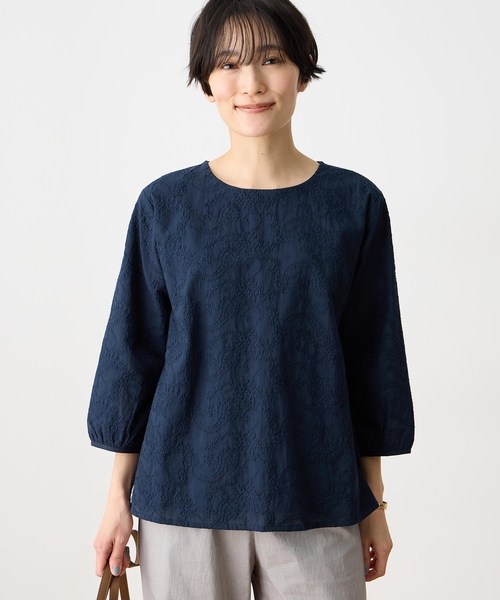 tシャツ 「ひやさらコットン」刺しゅうドッキングプルオーバー「綿100％・接触冷感・UVカット・大きいサイズあり」 レディースの画像
