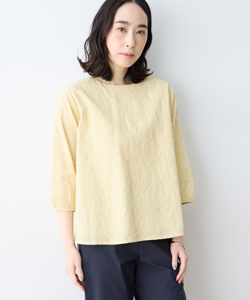 tシャツ 「ひやさらコットン」刺しゅうドッキングプルオーバー「綿100％・接触冷感・UVカット・大きいサイズあり」 レディースの画像
