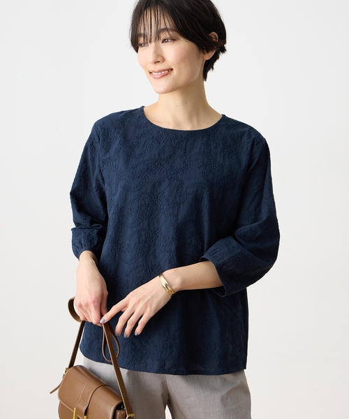 tシャツ 「ひやさらコットン」刺しゅうドッキングプルオーバー「綿100％・接触冷感・UVカット・大きいサイズあり」 レディースの画像