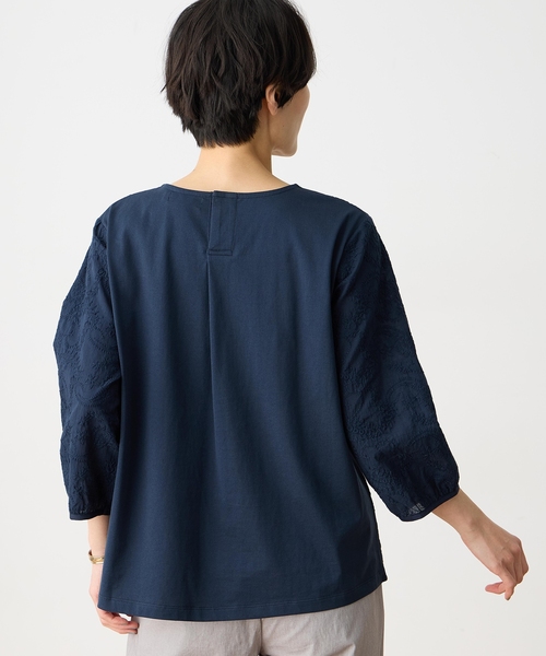 tシャツ 「ひやさらコットン」刺しゅうドッキングプルオーバー「綿100％・接触冷感・UVカット・大きいサイズあり」 レディースの画像