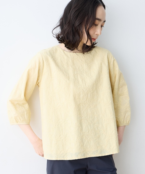 tシャツ 「ひやさらコットン」刺しゅうドッキングプルオーバー「綿100％・接触冷感・UVカット・大きいサイズあり」 レディースの画像