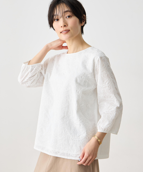tシャツ 「ひやさらコットン」刺しゅうドッキングプルオーバー「綿100％・接触冷感・UVカット・大きいサイズあり」 レディースの画像
