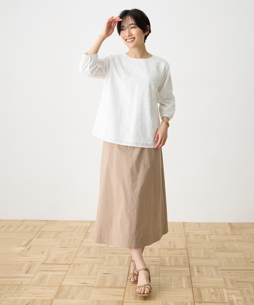tシャツ 「ひやさらコットン」刺しゅうドッキングプルオーバー「綿100％・接触冷感・UVカット・大きいサイズあり」 レディースの画像