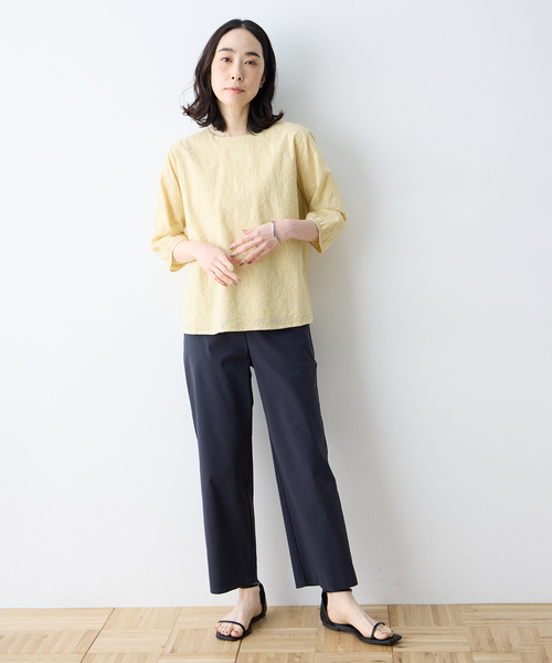 tシャツ 「ひやさらコットン」刺しゅうドッキングプルオーバー「綿100％・接触冷感・UVカット・大きいサイズあり」 レディースの画像