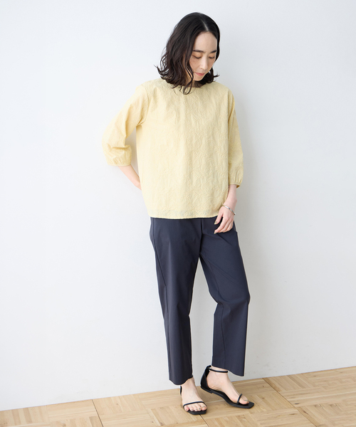 tシャツ 「ひやさらコットン」刺しゅうドッキングプルオーバー「綿100％・接触冷感・UVカット・大きいサイズあり」 レディースの画像