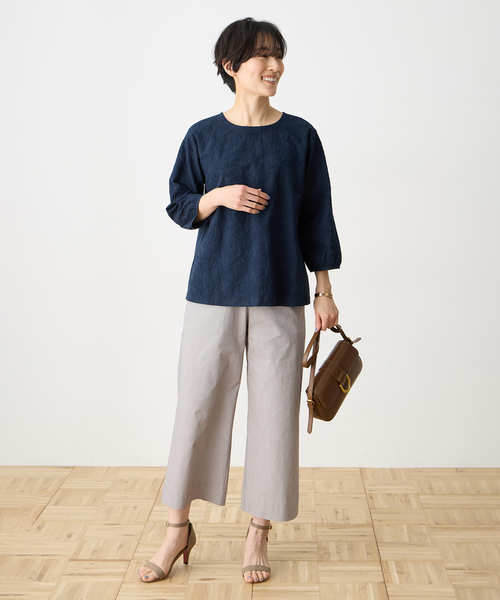 tシャツ 「ひやさらコットン」刺しゅうドッキングプルオーバー「綿100％・接触冷感・UVカット・大きいサイズあり」 レディースの画像