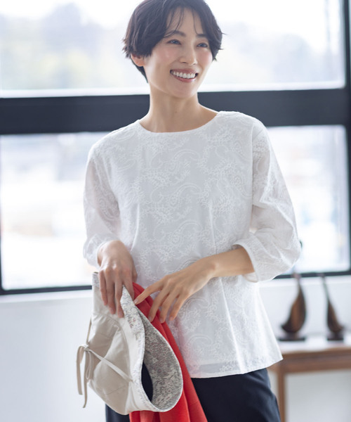 tシャツ 「ひやさらコットン」刺しゅうドッキングプルオーバー「綿100％・接触冷感・UVカット・大きいサイズあり」 レディースの画像
