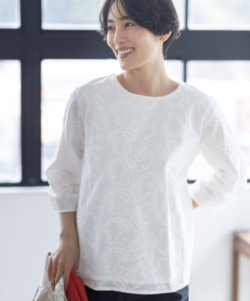 tシャツ 「ひやさらコットン」刺しゅうドッキングプルオーバー「綿100％・接触冷感・UVカット・大きいサイズあり」 レディースの画像