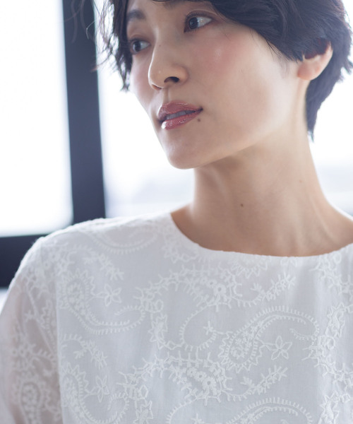 tシャツ 「ひやさらコットン」刺しゅうドッキングプルオーバー「綿100％・接触冷感・UVカット・大きいサイズあり」 レディースの画像