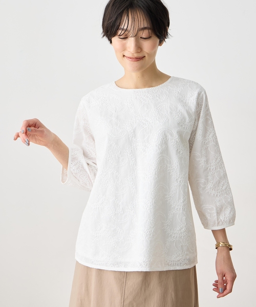 tシャツ 「ひやさらコットン」刺しゅうドッキングプルオーバー「綿100％・接触冷感・UVカット・大きいサイズあり」 レディースの画像
