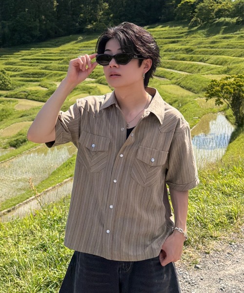 ADAMASTE シャツ 半袖 Western Stripe Lose Shirt - ウエスタン