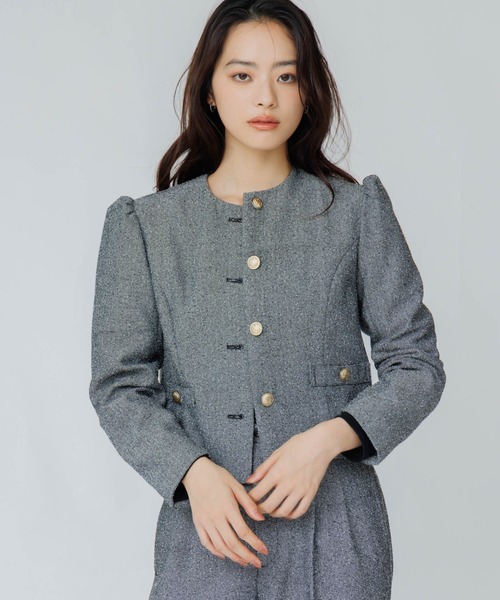 ジャケット ノーカラージャケット tweed balloon long sleeve jacket