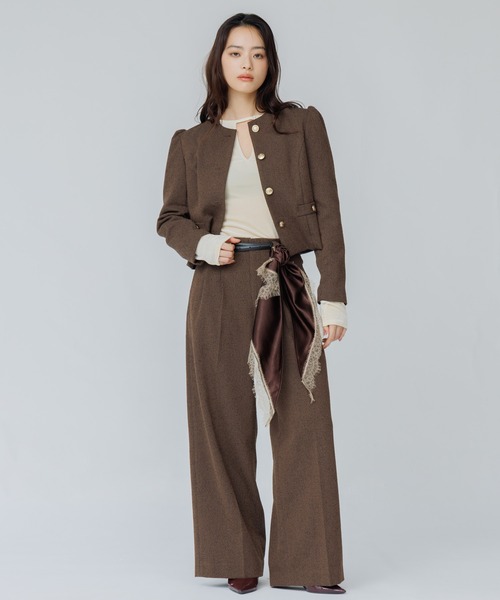 ジャケット ノーカラージャケット tweed balloon long sleeve jacket
