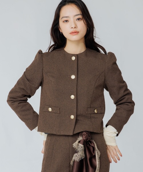 ジャケット ノーカラージャケット tweed balloon long sleeve jacket