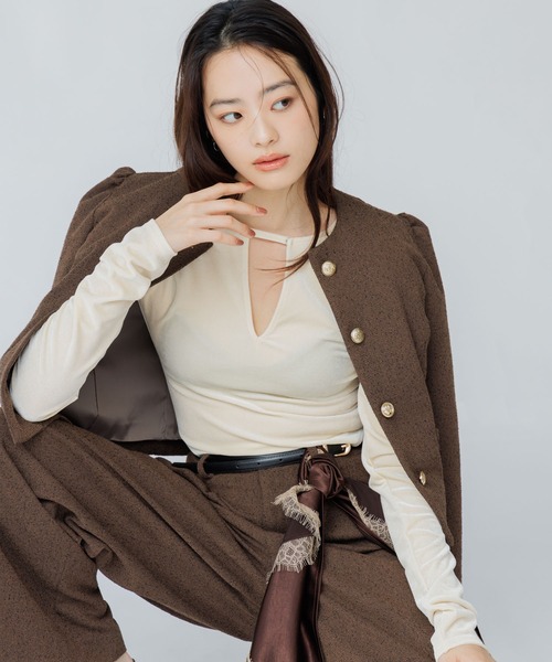 ジャケット ノーカラージャケット tweed balloon long sleeve jacket
