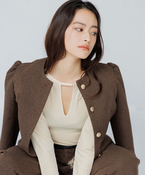 ジャケット ノーカラージャケット tweed balloon long sleeve jacket