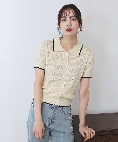 BLUEEAST ニット セーター すかし編みポロ襟ニット レディース