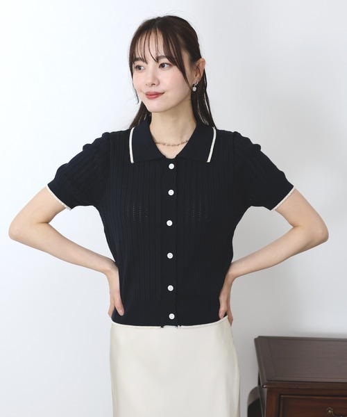 BLUEEAST ニット セーター すかし編みポロ襟ニット レディース