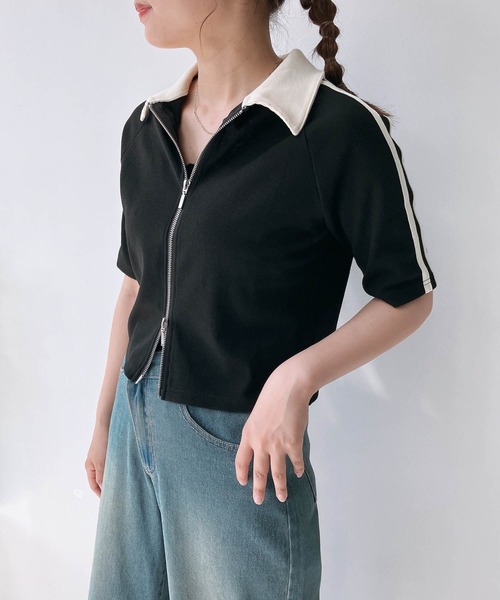 AS KNOW カーディガン Wジップ衿付きリブ半袖カーディガン
