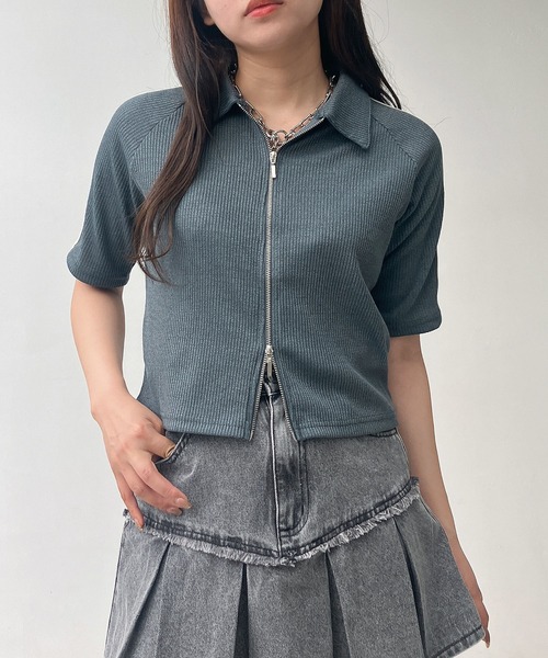 AS KNOW カーディガン Wジップ衿付きリブ半袖カーディガン