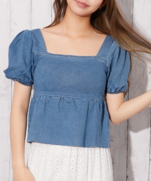 tシャツ 半袖 「デニム×オフショル風」レディース ペプラムプル
