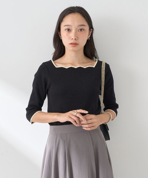 earth music&ecology ニット セーター 襟袖スカラップ配色プルオーバー