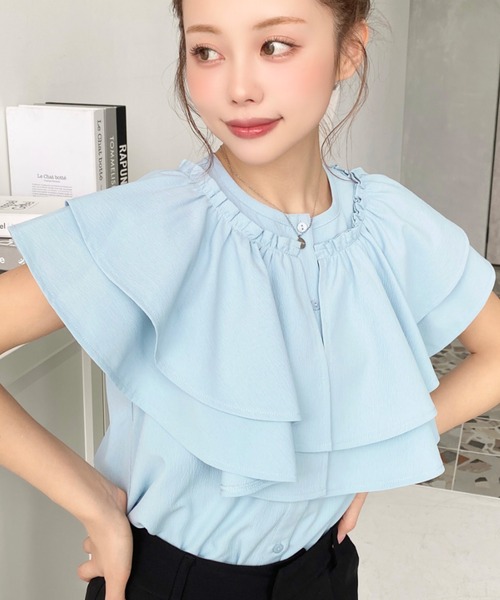 moment+ ブラウス シャツ ダブルフリル半袖ブラウス レディース