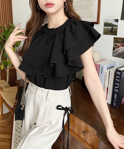 moment+ ブラウス シャツ ダブルフリル半袖ブラウス レディース