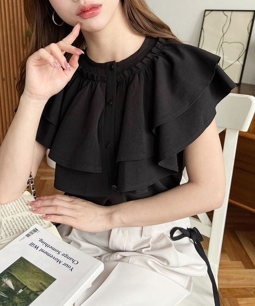 moment+ ブラウス シャツ ダブルフリル半袖ブラウス レディース  