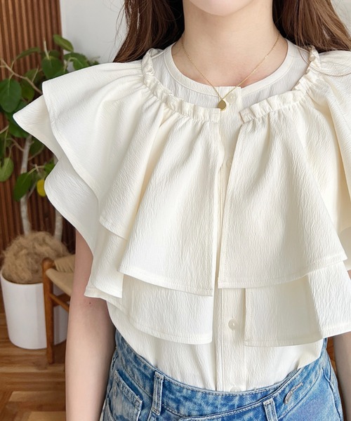 moment+ ブラウス シャツ ダブルフリル半袖ブラウス レディース