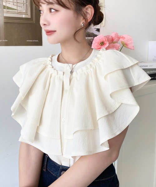 moment+ ブラウス シャツ ダブルフリル半袖ブラウス レディース