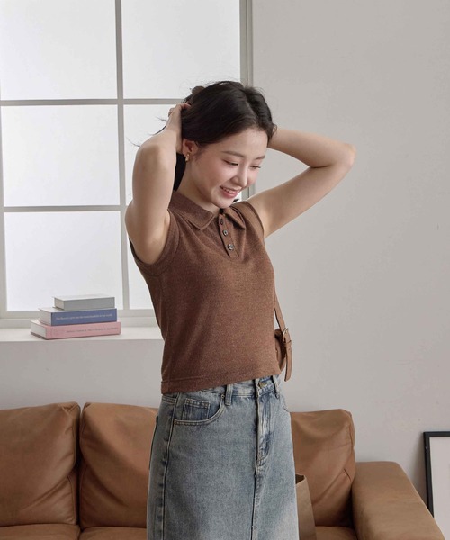 tシャツ ノースリーブメランジポロトップス レディース : ZOZOTOWN