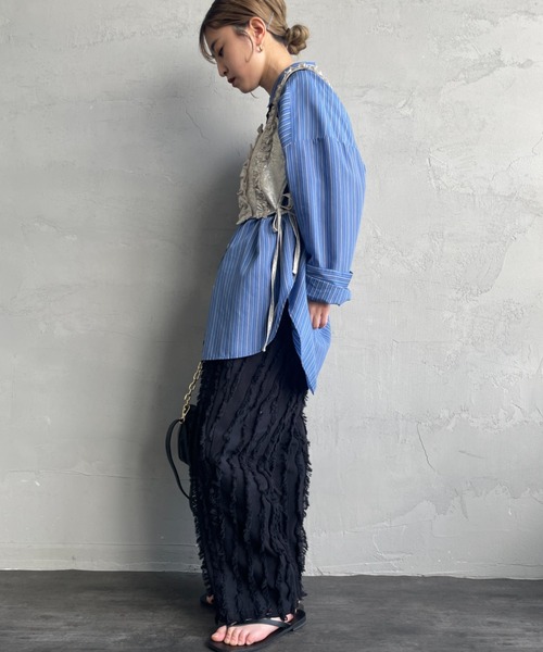 【新品】オーディア　ネイビー フリル ジレ　ベスト　ビジュー　L～LL nenom ベスト ジレ 「nenom/ネノム」 前後2WAY 箔フリルビスチェ