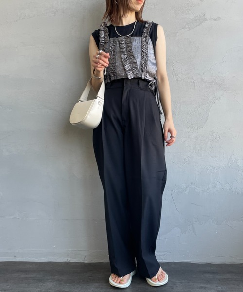 【新品】オーディア　ネイビー フリル ジレ　ベスト　ビジュー　L～LL nenom ベスト ジレ 「nenom/ネノム」 前後2WAY 箔フリルビスチェ