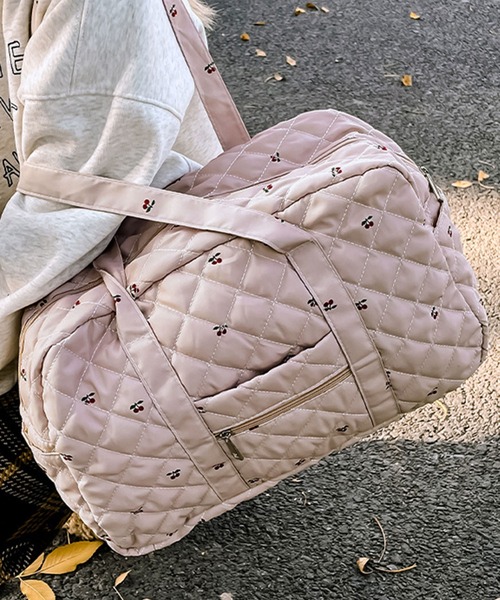 ボストンバッグ 「大容量」キルティングトラベル フラワー チェリー