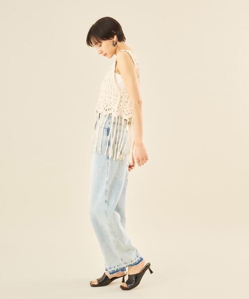 フロントシャーリング透かし編みニット かぎ編み Vネック[品番
