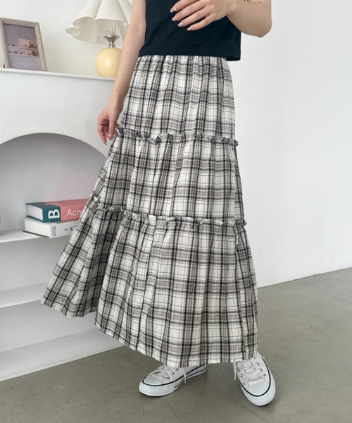 CLEA スカート 無地/チェック柄ティアードロングスカート