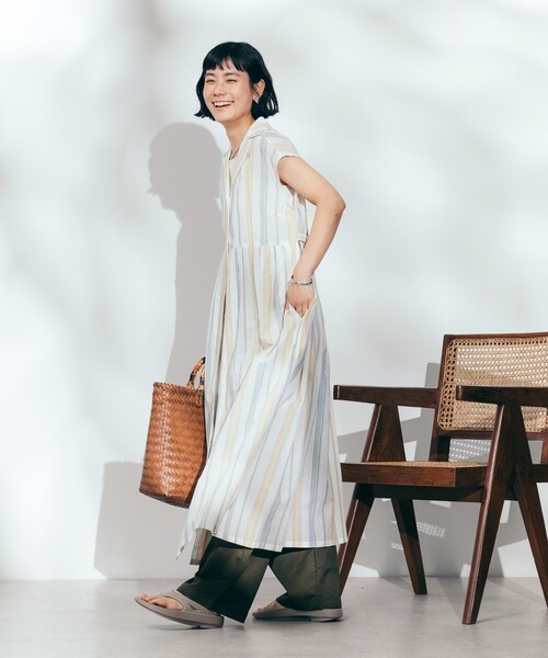 OUR ノースリーブストライプワンピース 大好評 カジュアル ストライプ柄 ノースリーブ ニットワンピース