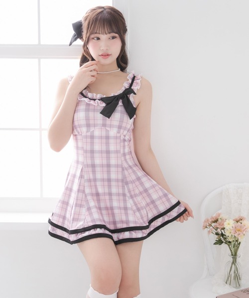 ブラック×ホワイト 配色フリル水着 DearMyLoveRose（ディアマイラブローズ） 水着 配色フリルリボン