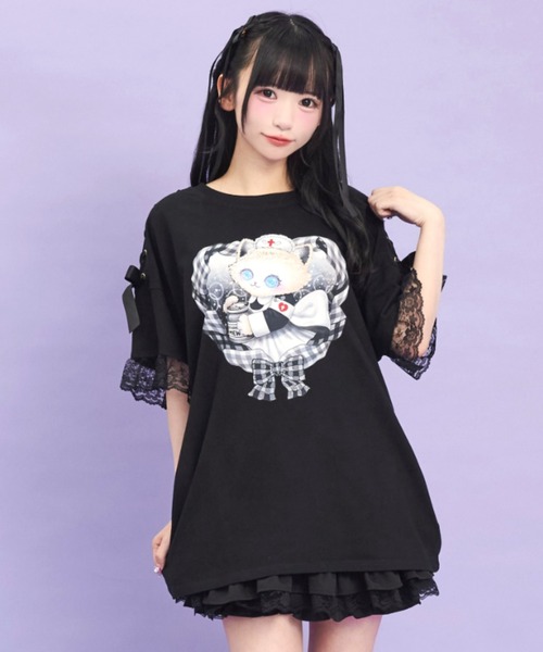 tシャツ 肩レースアップオリジナルプリントTシャツ レディース