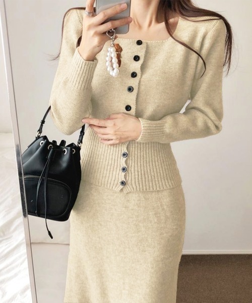 セットアップ 2点セットアップ スクエアネックニットカーディガン
