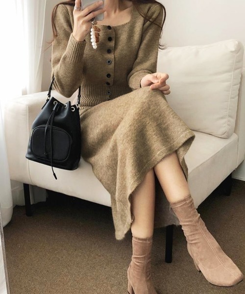 セットアップ 2点セットアップ スクエアネックニットカーディガン