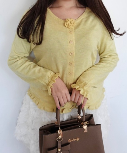 新品♡ブローチ付き フリルニット Mejoul ニット セーター 「2026春夏新作」フラワーモチーフコンパクト