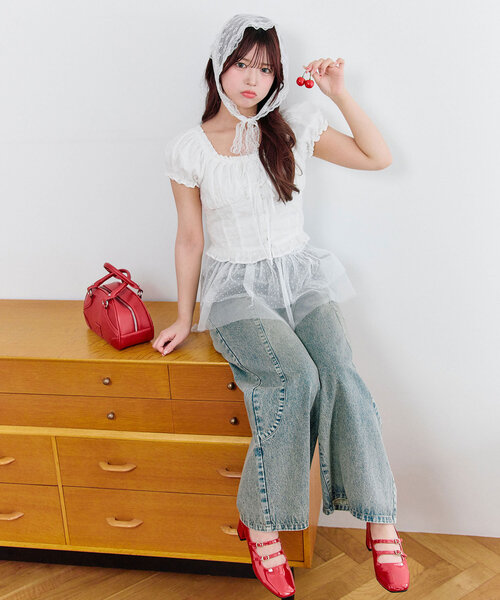 「OLIVE des OLIVE」 半袖ブラウス FREE レッド レディース_画像9
