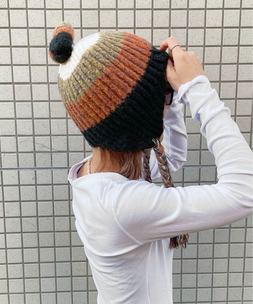 HI-STANDARD ポンポン付きニット帽 ニット帽 ニットキャップ 「HIKA」ポンポン付き耳つきニットCAP