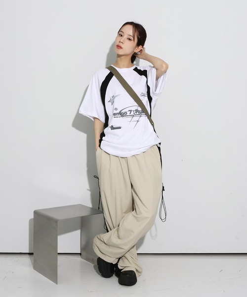 半袖フーディー y2k UNISEX]スポーティー配色オーバーフィットY2K半袖Tシャツ - FOLLOWIN