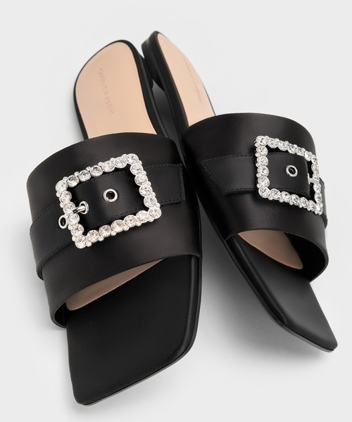 TOD'S◆ スクエアトゥ レザー スライドサンダル CHARLES ＆ KEITH サンダル ジェムバックル スクエアトゥ