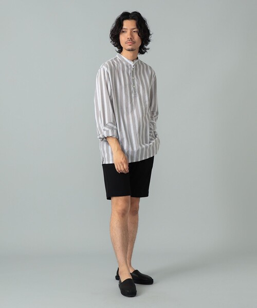 シャツ 「別注」GUY ROVER / コットンリネン ストライプ バンドカラー プルオーバーシャツ メンズの画像